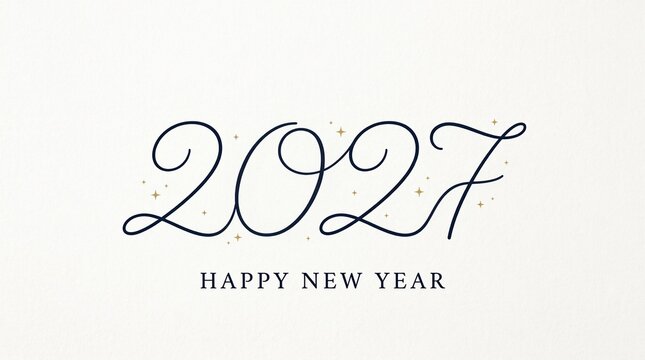 2027 happy new year calligraphic text with small gold stars on off-white background