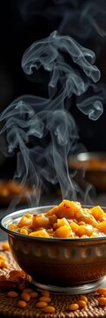 Aromatic steam rising from a warm moong dal halwa served in a metal bowl, moong, dal