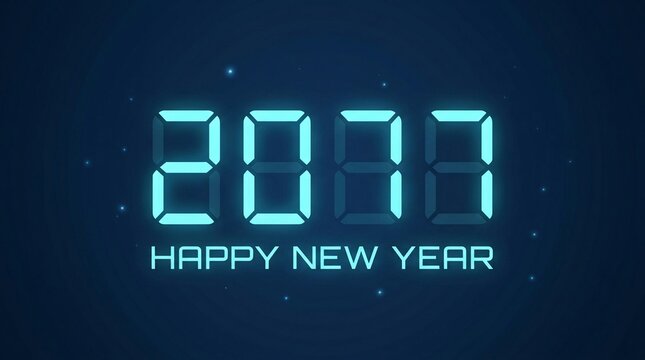 Glowing digital clock display showing the year 2077, happy new year text