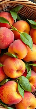 Basket filled with ripe peaches and green stems, produce, antioxidants