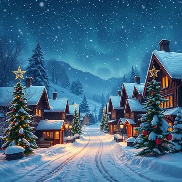 Winter village scene under snowfall, illuminated by twinkling stars and festive trees, wintery atmosphere, winter wonderland
