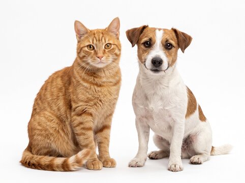 A ginger tabby cat and a small white and brown dog sitting together on white background with against clean white side side with friendship