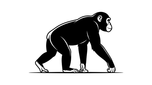 Minimalist black and white illustration of a chimpanzee walking.