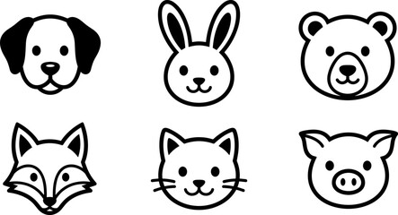 Fototapeta premium Set of cute animal faces icons including dog, rabbit, bear, fox, cat, and pig