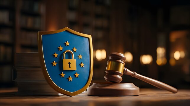 Shield and gavel display representing data protection laws in a legal setting