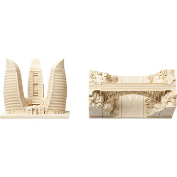3D Printed Architectural Models of Flame Towers and Bridge on White