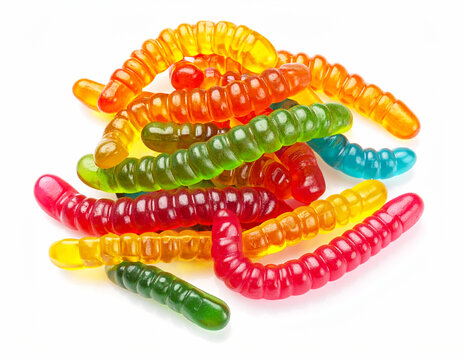 Gummy worm candies, white background. AI