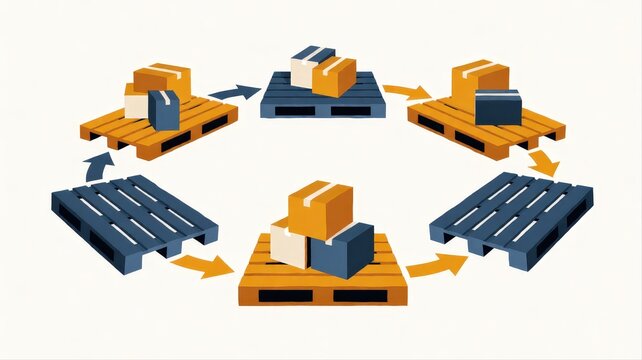 Staged Supply Chain Process with Wooden Blocks and Pallets Illustration