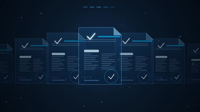 Digital documents with checkmarks glowing on futuristic screen
