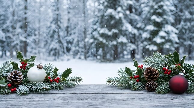 Wooden table with snow texture background for Christmas and winter holidays
