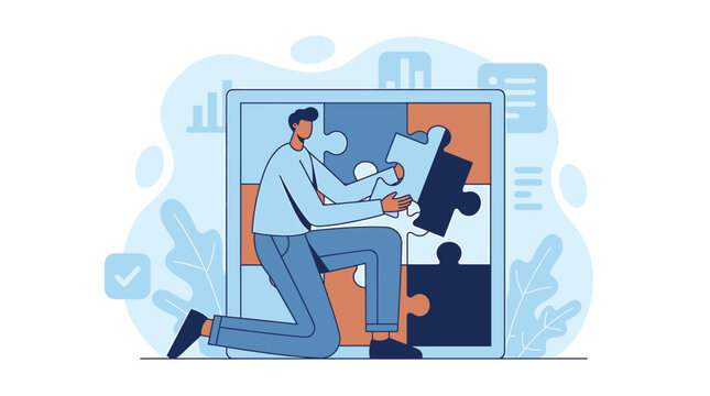 Problem Solving Businessman Connecting Puzzle Pieces in Corporate Office