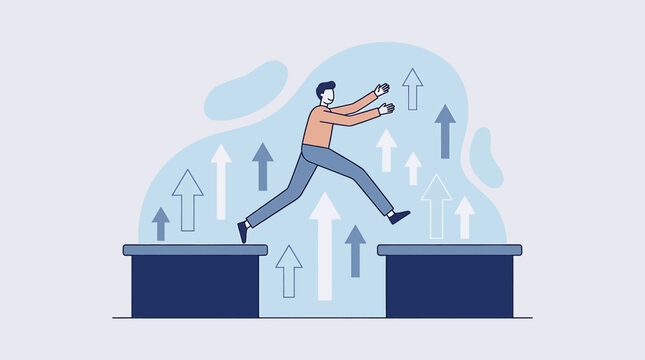 Success Concept Showing a Businessman Jumping over a Gap with Arrows