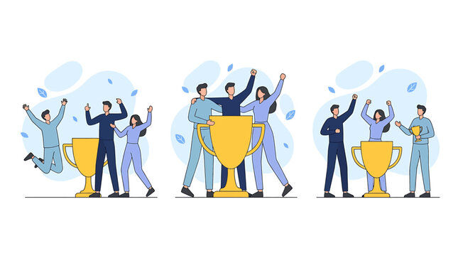 Success Team Celebrating Victory with Golden Trophy Flat Illustration