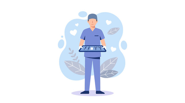 Surgeon Holding Medical Instruments Tray in Flat Vector Style