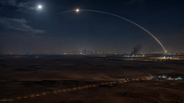 A long exposure night photograph showing a bright rocket launch trajectory over a desert landscape near a city skyline