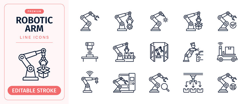 Robotic arm line icon set for industrial automation and manufacturing technology, vector illustration 