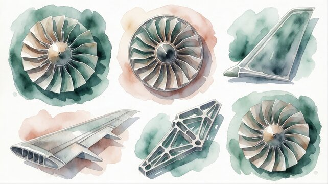 Artistic watercolor illustrations of aircraft engine parts and components