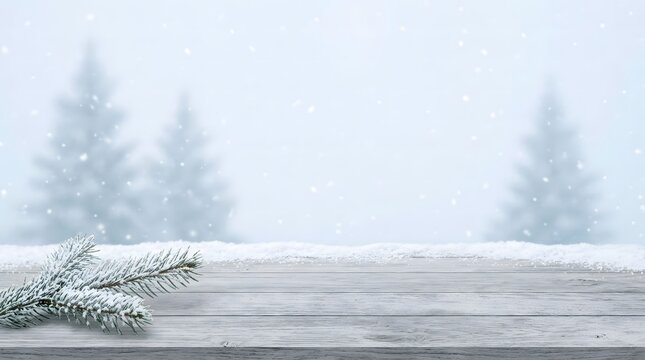 Wooden table with snow texture background for Christmas and winter holidays
