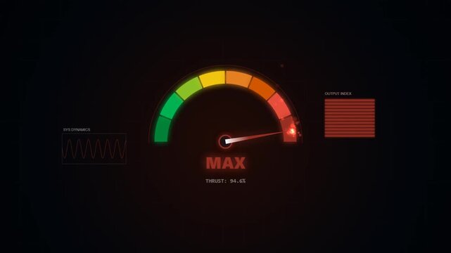 Digital speedometer hud interface fluctuating between low, medium, max, high, and low levels on dark background