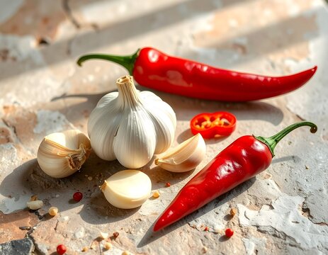 Fresh Red Chili Peppers and Garlic Bulbs on Stone Surface Background