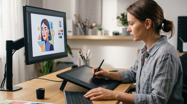 Female graphic designer drawing a digital portrait on a drawing tablet monitor at her creative desk, symbolizing modern digital illustration and freelance artwork