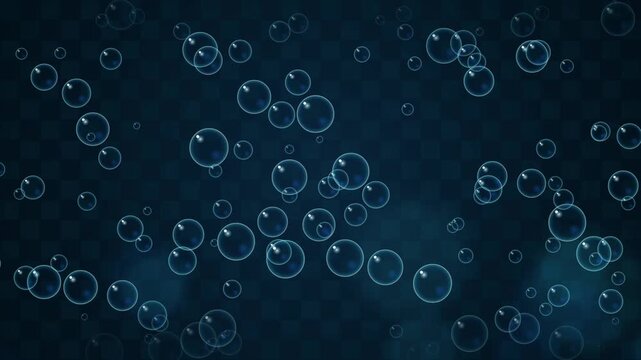Transparent soap bubbles floating upward against dark checkered background motion graphics