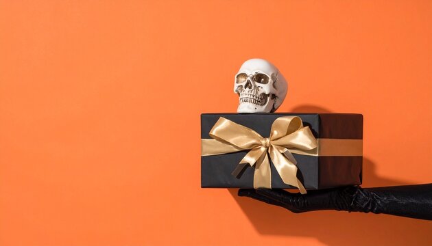 Halloween gift box with skull, orange-purple backdrop, minimalist scene