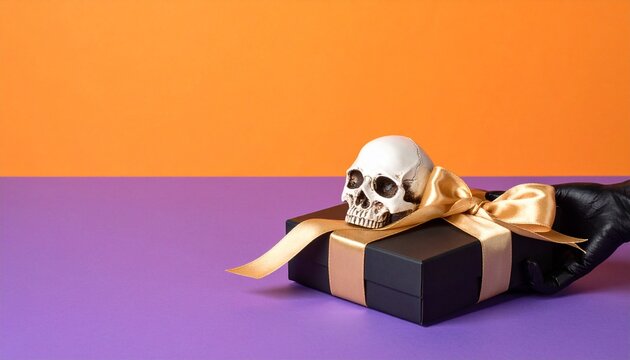 Halloween gift box with skull, orange-purple backdrop, minimalist scene