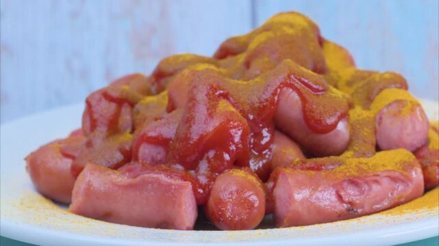 Fried sausage, sliced ​​into pieces and drizzled with a sauce based on ketchup and curry powder.