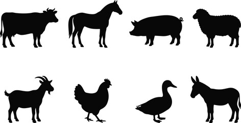 Fototapeta premium Farm Animal Silhouette Collection with Cow Horse Pig Sheep Goat Chicken Duck and Donkey