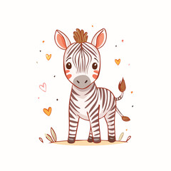 Fototapeta premium Cute cartoon baby zebra with black and white stripes surrounded by colorful hearts on isolated white background