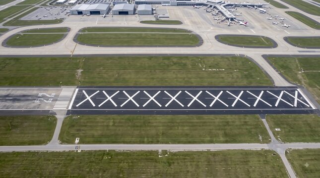 Aerial view of closed airport runway section marked with large white x symbols for no landing