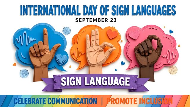 International Day of Sign Languages poster, September 23 deaf awareness illustration, colorful hand gestures and speech bubbles for inclusive communication