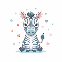 Fototapeta premium Cute cartoon baby zebra sitting surrounded by colorful floating hearts on a clean isolated white background