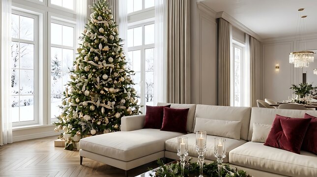 Bright and airy living room interior with a decorated christmas tree near large windows
