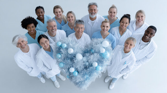 Diverse Volunteers and Healthcare Professionals Around Heart-Shaped Supply Arrangement &mdash; Humanitarian Campaign Portrait

