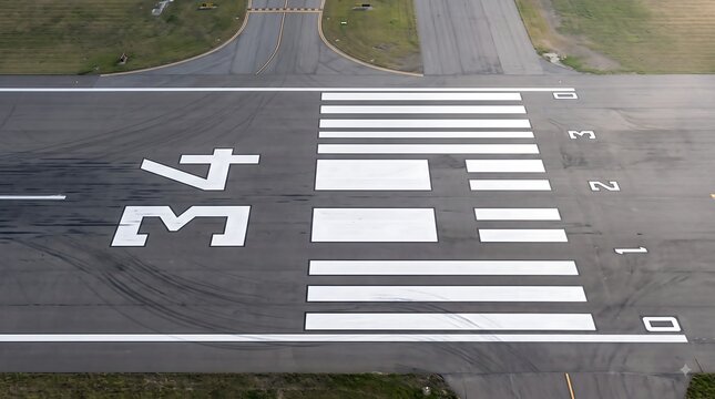 Close up aerial view of airport runway 34 threshold markings and painted white safety stripes
