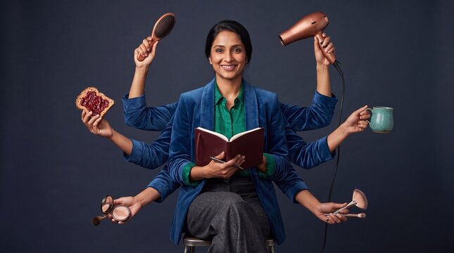 Multitasking businesswoman concept photo. Woman with multiple arms holding hair dryer and tools