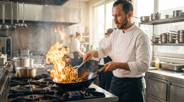 Bearded chef controlling high flames while tossing ingredients in a wok pan, depicting skillful flambe technique in a modern restaurant kitchen