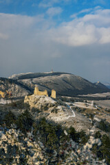 Fototapeta premium Palava winter landscape with Sirotci hradek ruins, Southern Moravia, Czech Republic