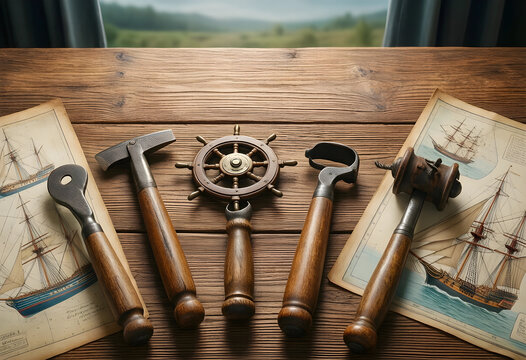 Maritime leadership and navigation strategy vintage ship tools and nautical charts on wooden desk for exploration adventure and historical discovery