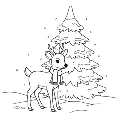 Naklejka premium Cute Christmas reindeer with scarf standing in snow near a decorated pine tree