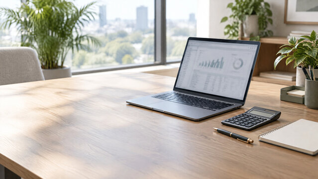 Laptop with financial charts on a wooden desk in a modern office with city view and copy space