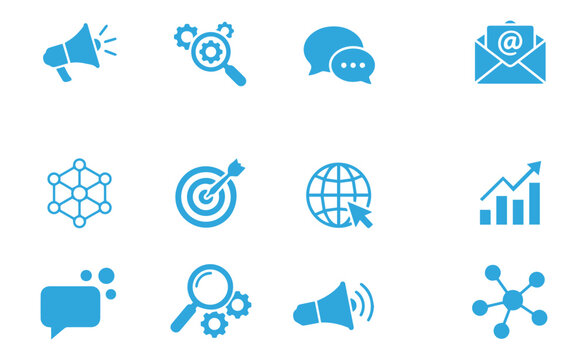 Set of blue digital marketing and business communication icons on white background with social media