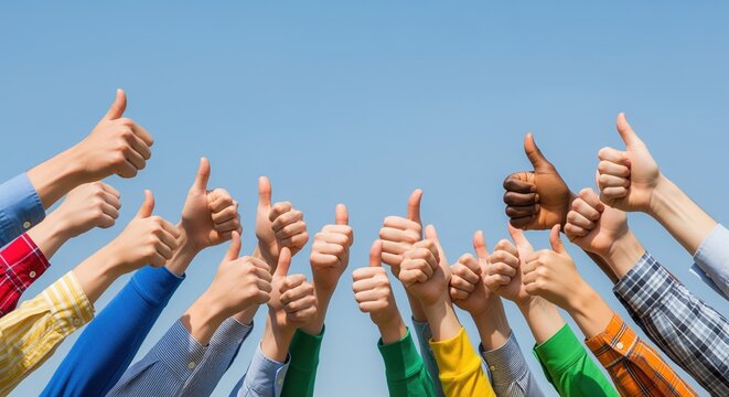 Diverse group raising thumbs up against blue sky. Colorful sleeves showing approval, agreement, and celebration. Perfect for team success, positivity, support, and unity concepts.