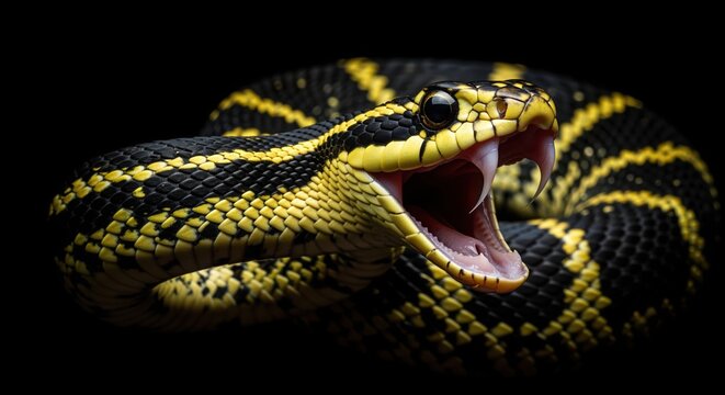 A striking yellow and black patterned snake with its mouth wide open in an aggressive display. The reptile shows detailed scales and fangs, captured in dramatic lighting against a dark background.
