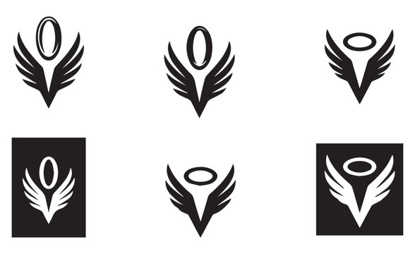 Black and white angel wings symbols with halos as abstract logo elements wing logo angelic symbols
