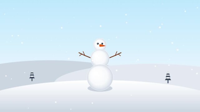 Snowman being built in a snowy winter landscape animation