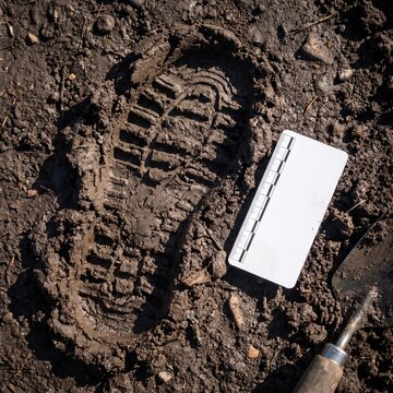 Muddy boot print with blank forensic scale card and trowel