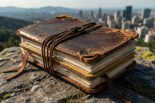 Old leather-bound journals stacked on a rock with a blurred city skyline in the background.
